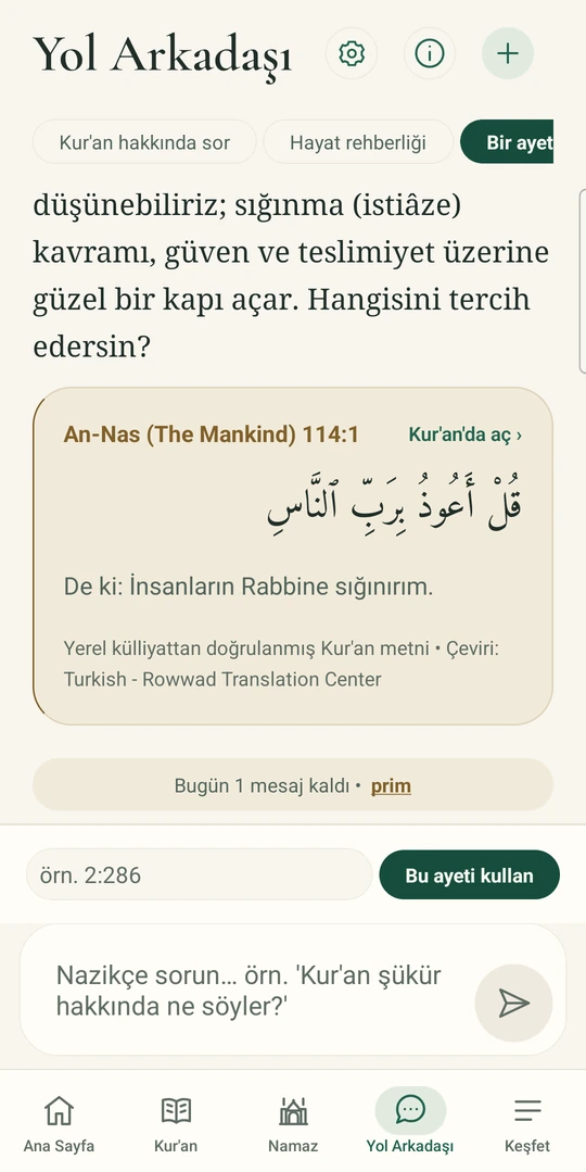 Actual Companion response with an An-Nas 114:1 Quran citation, shown in Turkish.