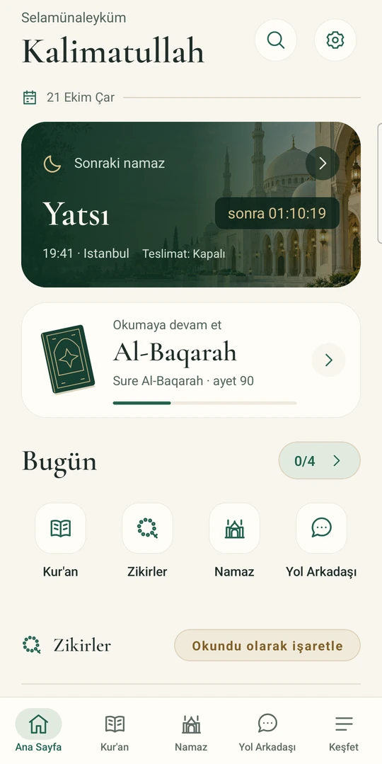 Actual Kalimatullah Home with next prayer, Quran continuation and daily tools, shown in Turkish.