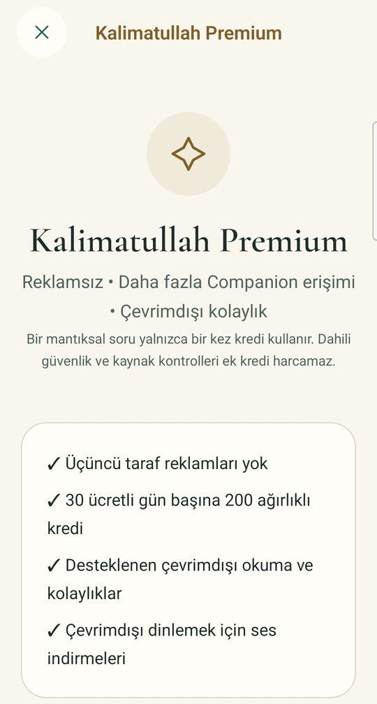 Real Kalimatullah Premium benefits, shown in Turkish. The screenshot is cropped before market-specific prices.