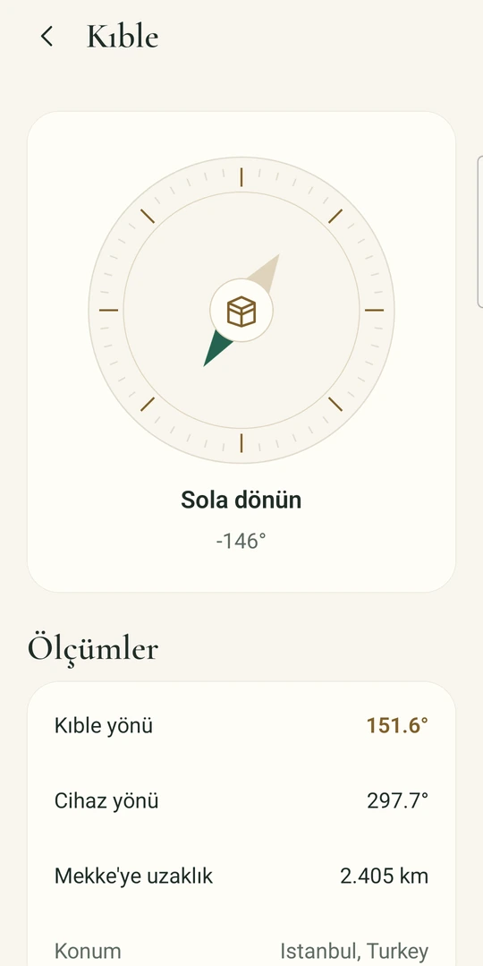 The real Kalimatullah Qibla compass, using a selected city and live device heading.