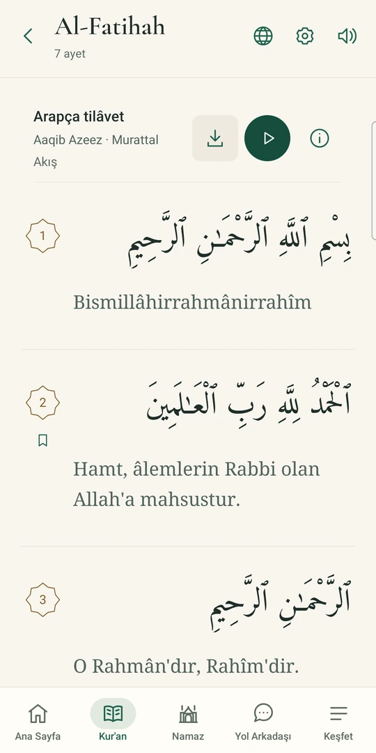 Actual Kalimatullah Quran Reader showing Arabic verses and Turkish translation.